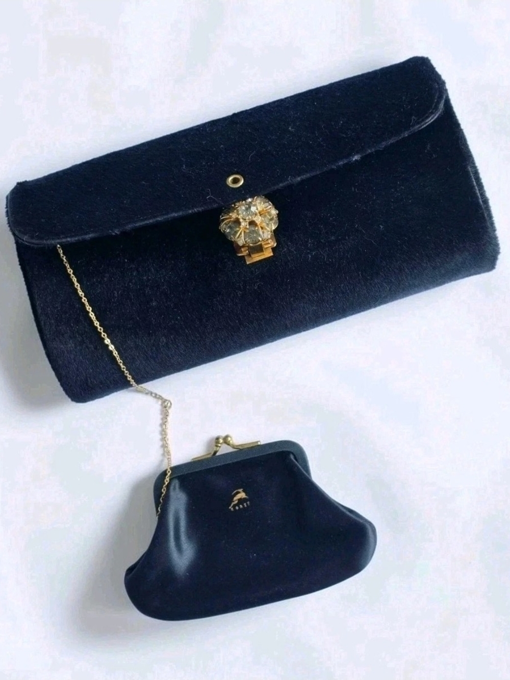 Vintage Koret Black Genuine Calf Fur Clutch Coin Purse Rhinestone Evening Bag